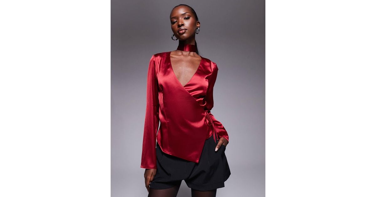 ASOS Satin Scarf Detail Wrap Blouse in Red Lyst Canada