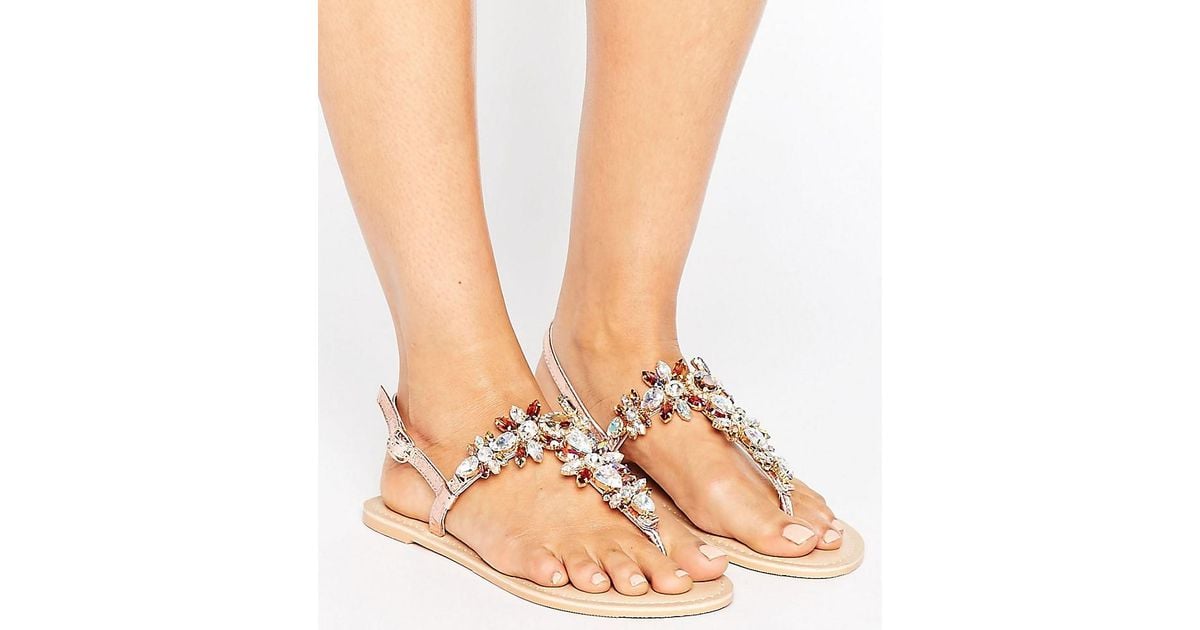 ASOS Fairytale Wide Fit Leather Embellished Flat Sandals in Gold ...