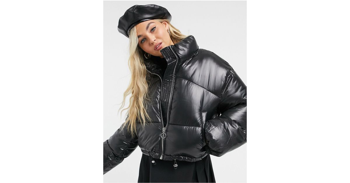 Bershka Synthetic Shiny Padded Puffer Jacket in Black | Lyst