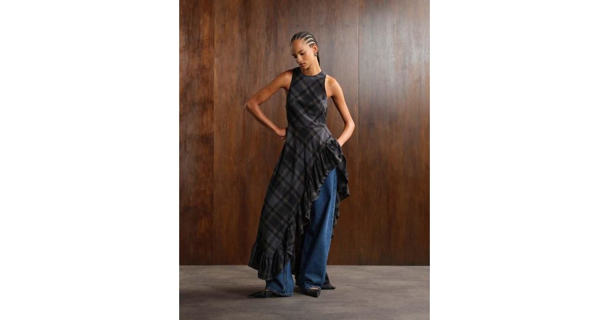 Monki Sleeveless Maxi Dress With Asymmetric Ruffle Hem in Brown