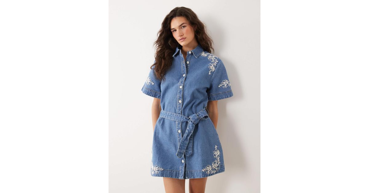 denim dress miss selfridge Embroidered With Belt in Blue Pinafore dress white blue bridesmaid dresses YGroup_khoda-studded-halter-mini-dress The scoop back design Size:28W