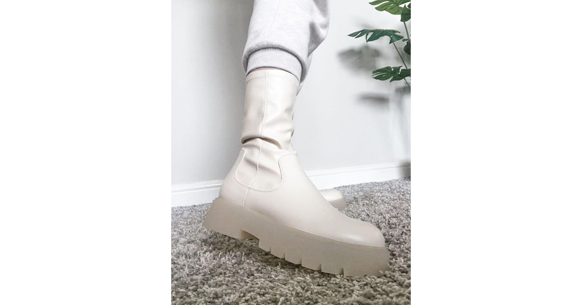 Bershka Faux Leather Chunky Sock Boot in White