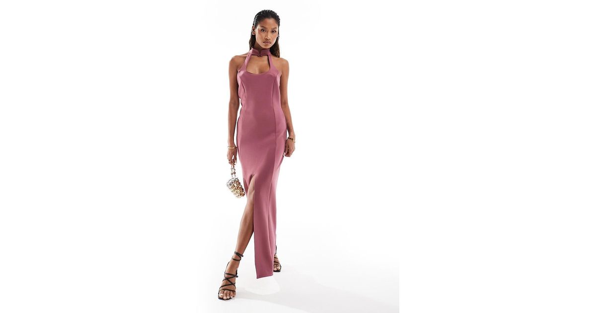 ASOS Scuba Square Neck Halter Midi Dress With Front Split in Red Lyst UK