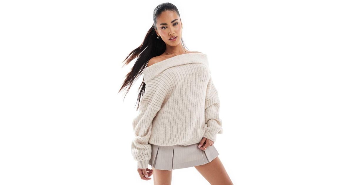 ASOS Oversized Knitted Off Shoulder Jumper in Natural Lyst UK