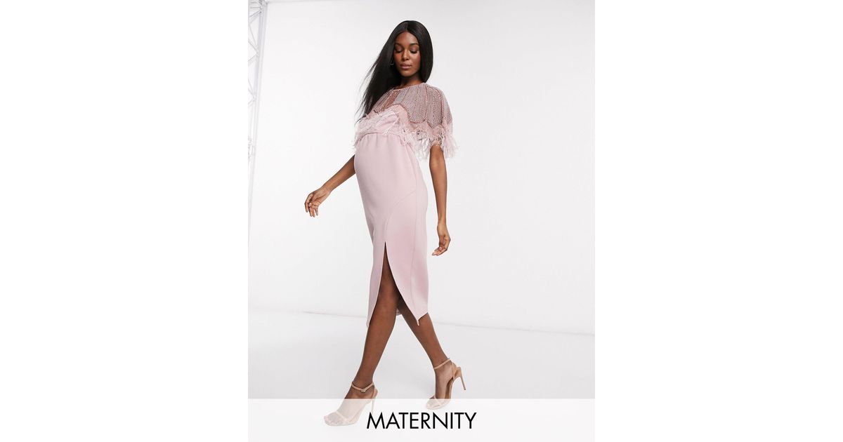ASOS Asos Design Maternity Embellished Scuba Pearl Faux Feather Midi Dress in Pink - Lyst