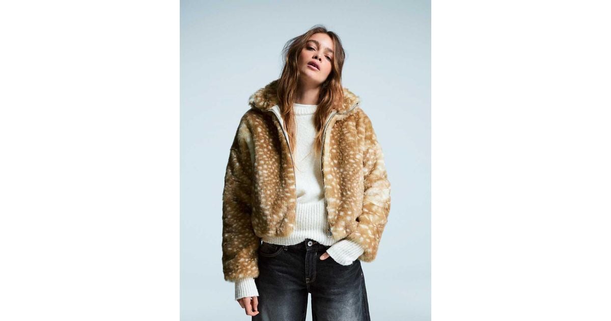 Bershka Animal Print Faux Fur Jacket in Natural | Lyst UK