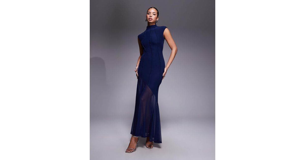 ASOS Mesh High Neck Maxi Dress With Exposed Contour Seam Detail in Blue ...