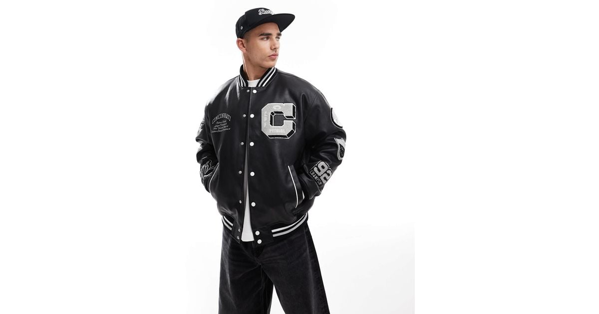 Bershka Faux Leather Varsity Jacket in Black for Men | Lyst