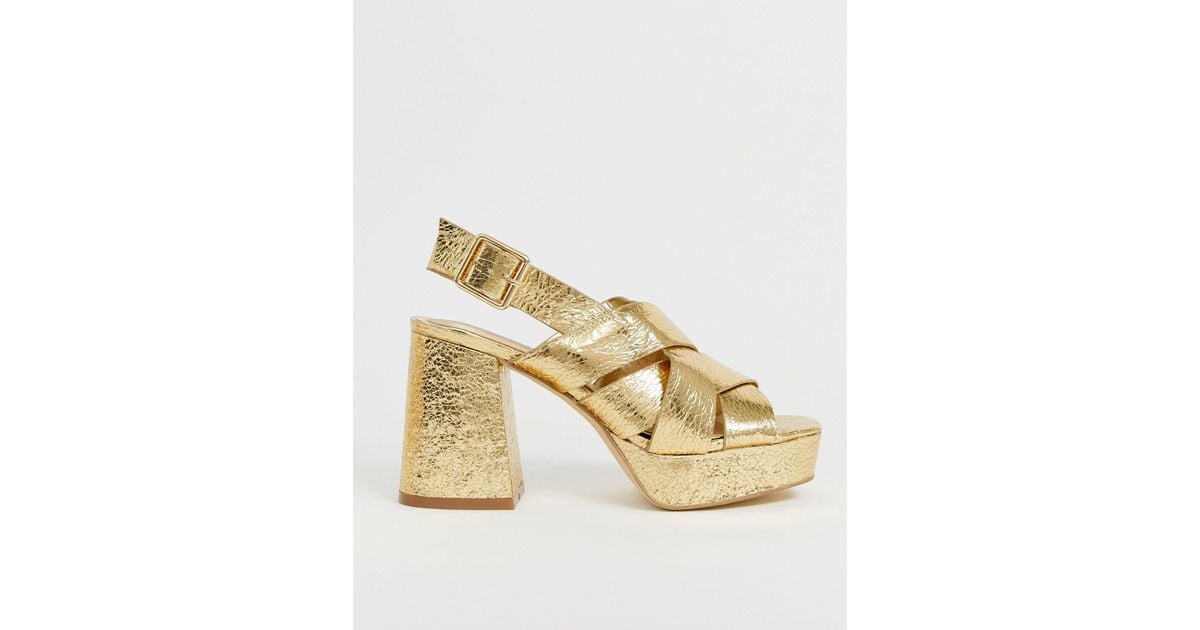 Dune Head Over Heels Manda Metallic Gold Chunky Flatform Going Out