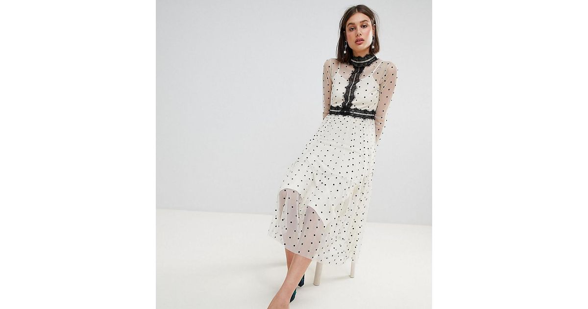 LACE & BEADS Polka Dot Midi Dress With Lace Inserts in Cream (Natural) -  Lyst