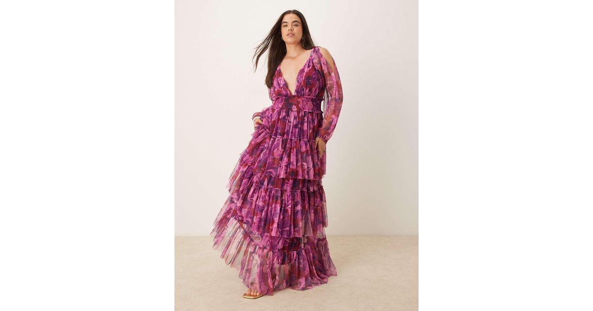 Pink One-Shoulder Tiered Tulle Maxi Dress with Glitter Pleated Bodice