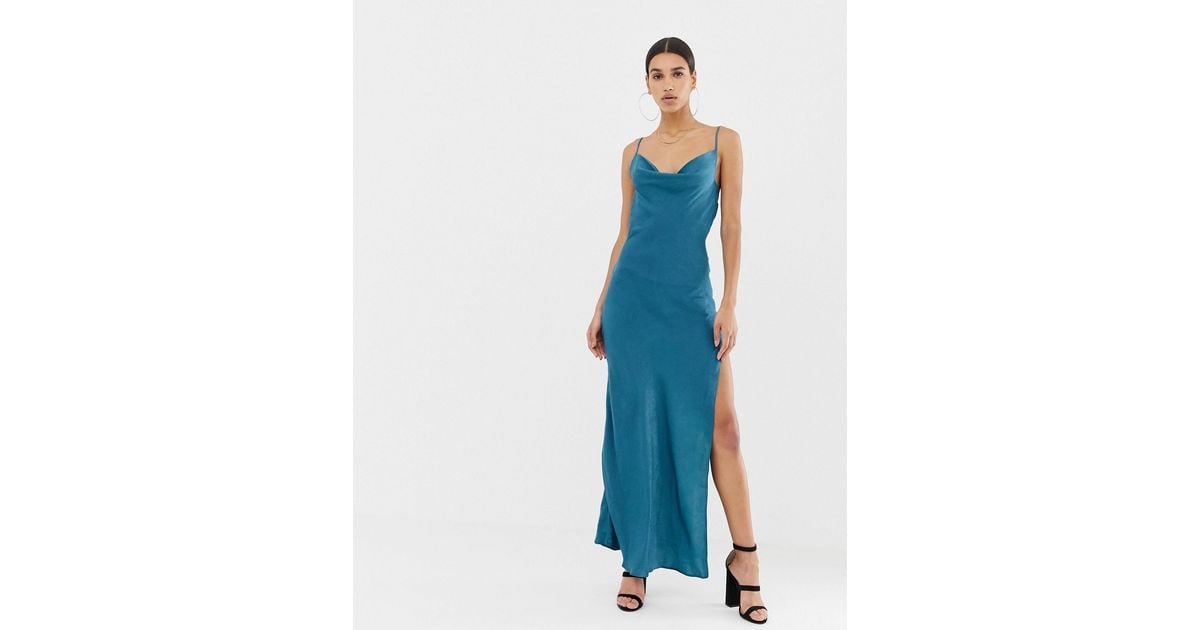 Missguided Satin Cowl Neck Maxi Slip Dress in Blue | Lyst Canada