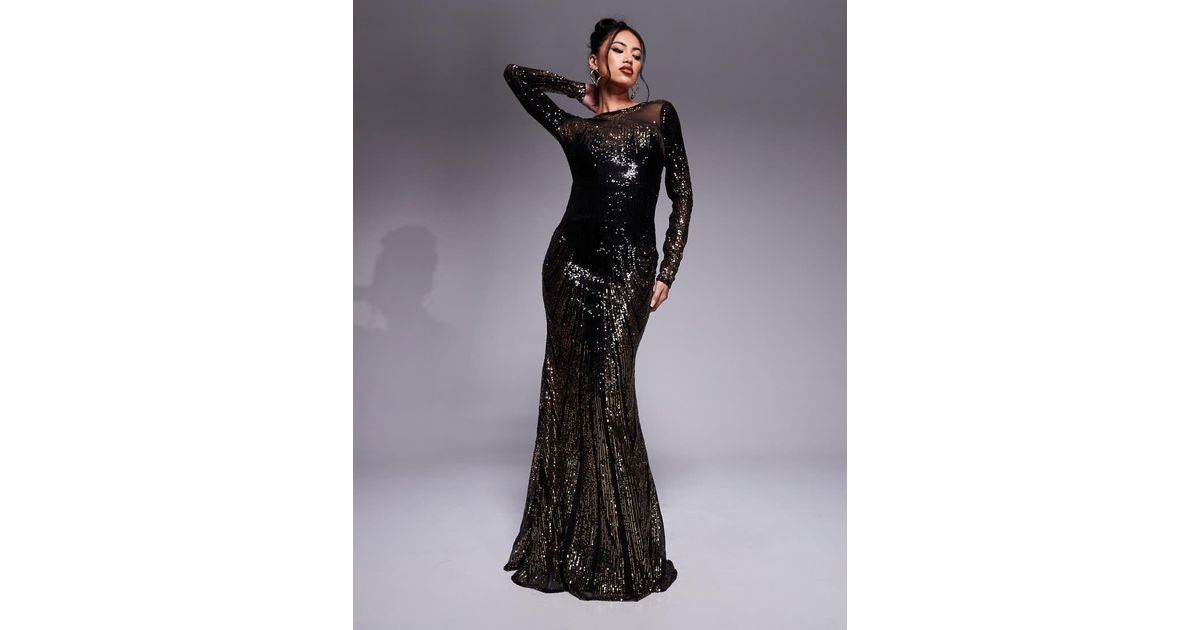 goddiva women's long sleeve aztec sequin maxi dress reviews Goddiva Long Sleeve Aztec Sequin Maxi Dress - Gold