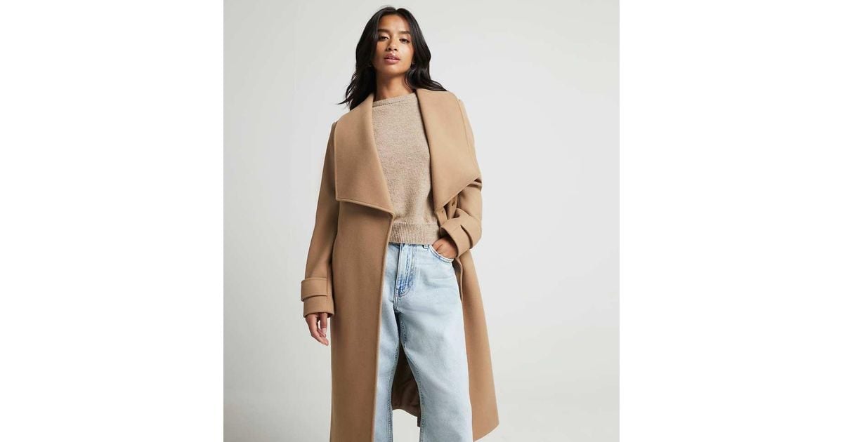 River Island Belted Wrap Coat in Natural Lyst UK