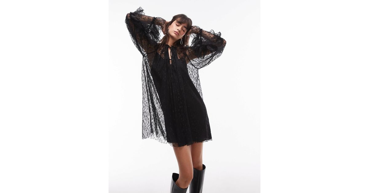 TOPSHOP Lace Long Sleeve Mini Trapeze Dress in Black | Lyst