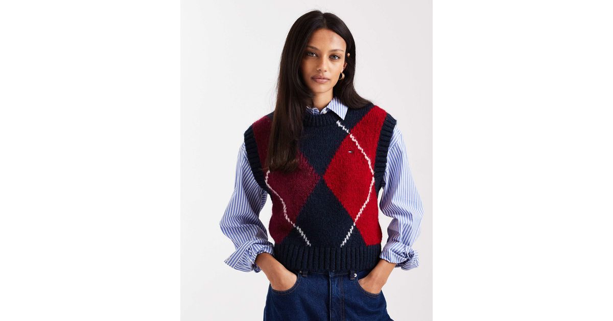 Tommy Hilfiger Argyle Sweater Vest in Red | Lyst