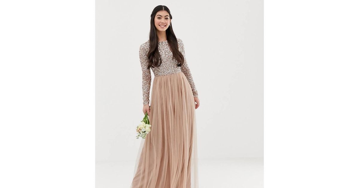 maya bridesmaid long sleeve maxi tulle dress Maya Black Fully Embroidered Long Sleeve Maxi Dress with Frill Detail – Maya  Deluxe main image 0
