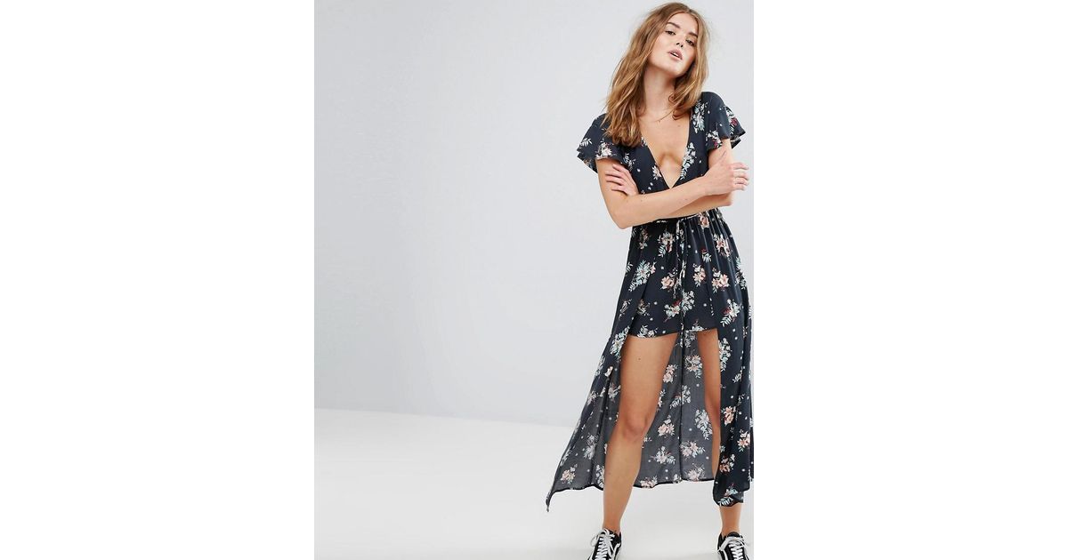 Pull&Bear Synthetic Print Playsuit With Skirt Overlay in Black | Lyst
