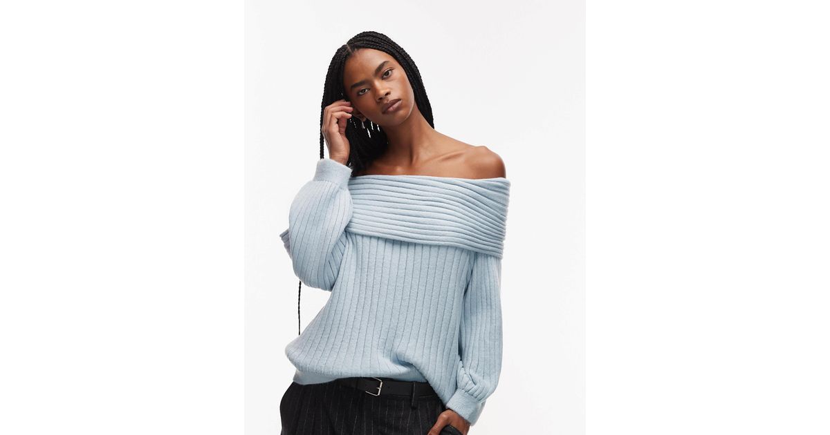 ASOS Oversized Rib Knit Off Shoulder Jumper With Balloon Sleeve in Blue ...