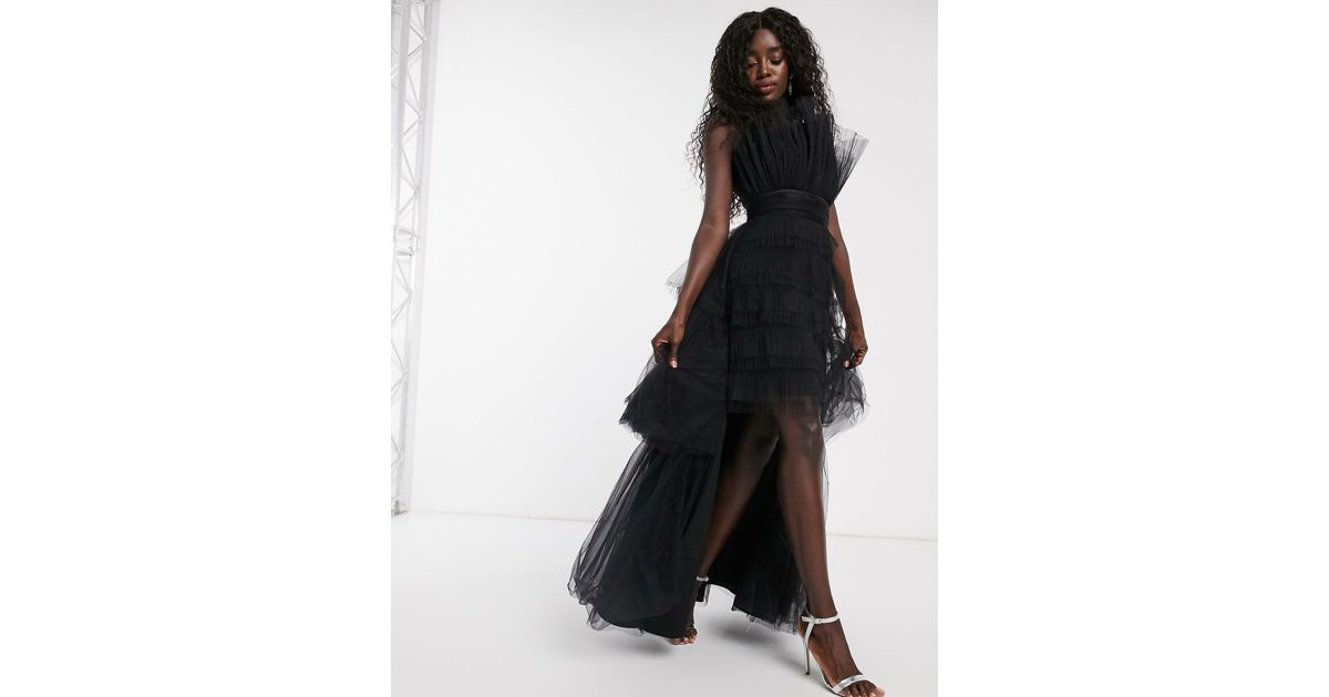 Chi Chi London One Shoulder Tiered Tulle Maxi Dress in Black | Lyst Canada