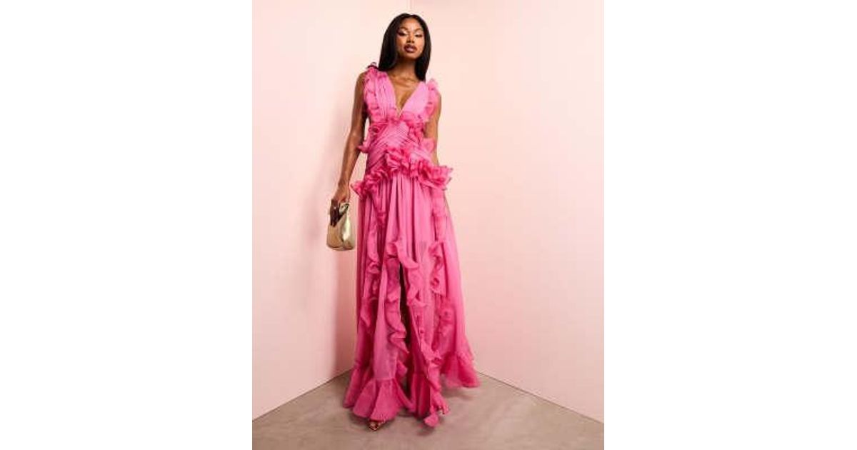 asos pink flowy dress ASOS Plunge Maxi Dress With Ruched Chiffon Detail & Open Back in Pink