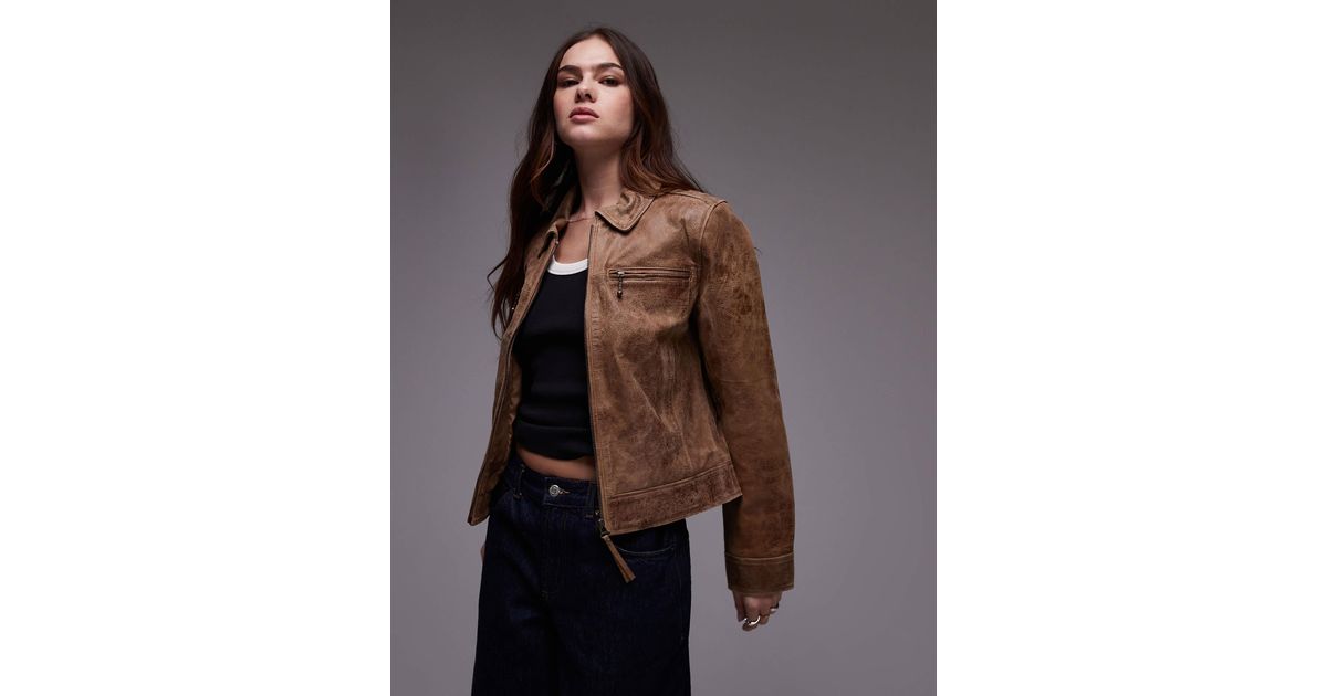 Urbancode Zip Through Fitted Crop Leather Jacket in Brown | Lyst