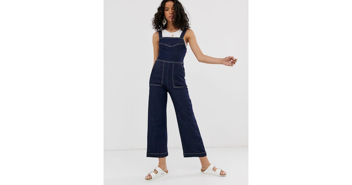 Weekday Wide Leg Cropped Denim Jumpsuit in Black (Blue) | Lyst