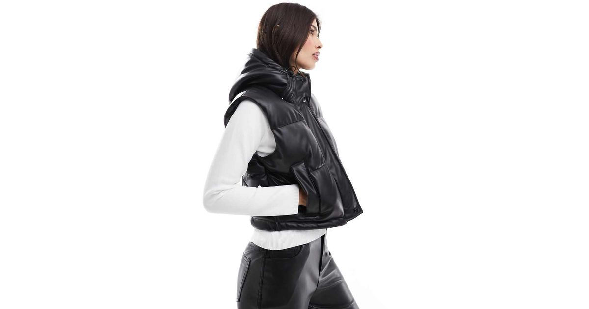 Pull&Bear Padded Faux Leather Gilet With Hood in Black Lyst UK
