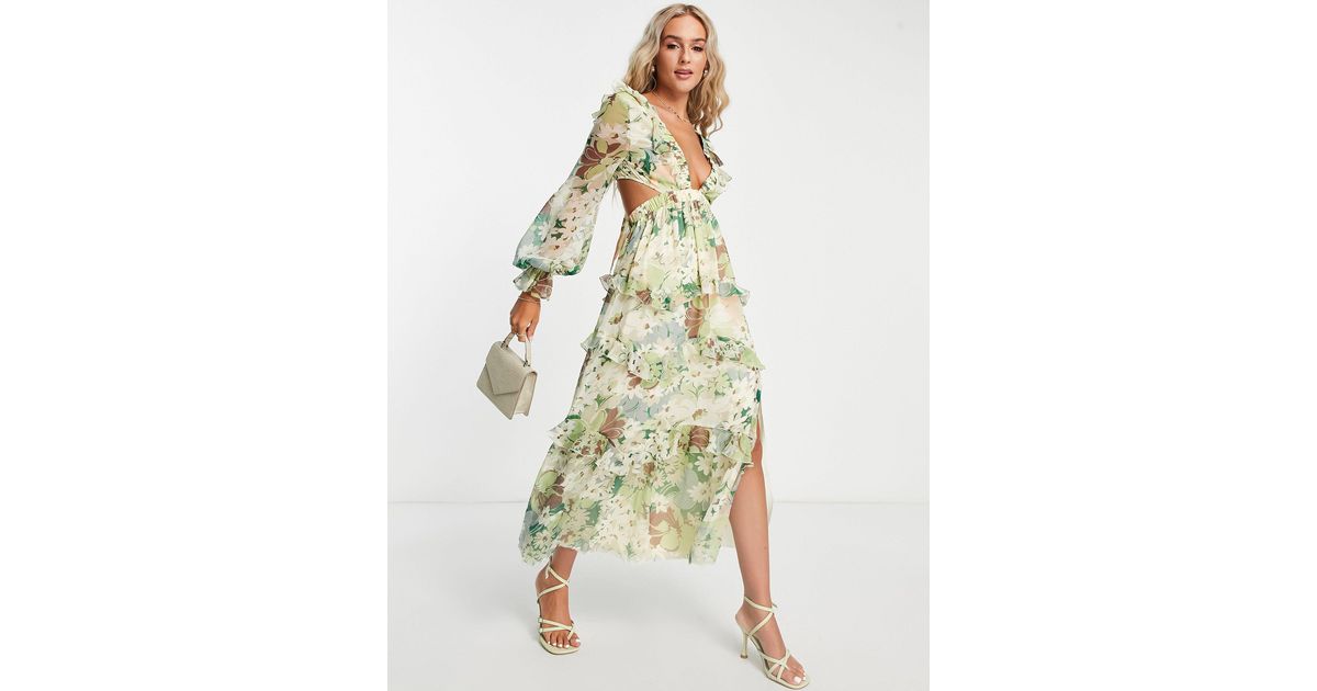ASOS Tiered Ruffle Midi Dress With Elastic Waist And Lace Up Back Detail in  Green