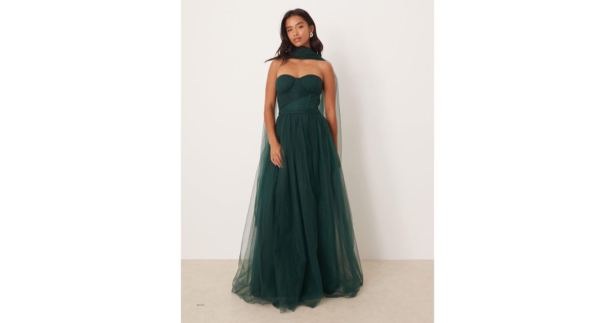 LACE & BEADS Scarf Neck Corset Tulle Maxi Dress in Green | Lyst