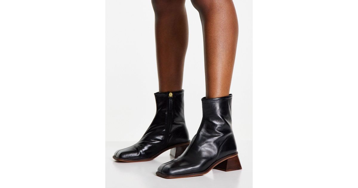 ASOS Rebecca Premium Leather Square Toe Boots in Black | Lyst