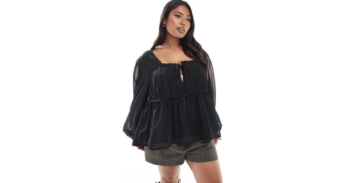 ASOS Asos Design Curve Sheer Yoke Ruched Detail Blouse in Black
