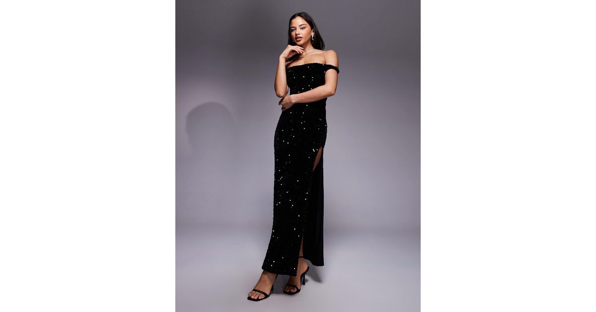 ASOS Velvet Sequin Twist Shoulder With Lace Up Back Maxi Dress in Black ...