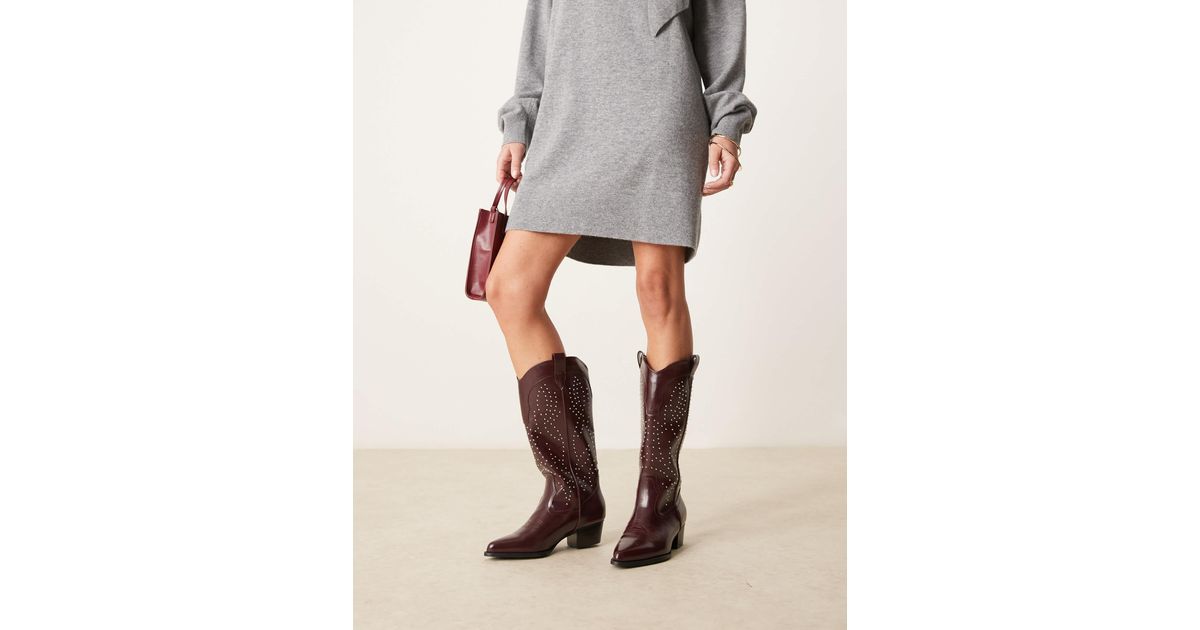 Glamorous Studded Western Knee Boots in Gray | Lyst