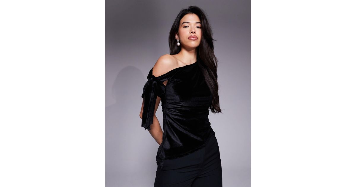 ASOS Velvet Asymmetric One Shoulder Tie Top in Black | Lyst