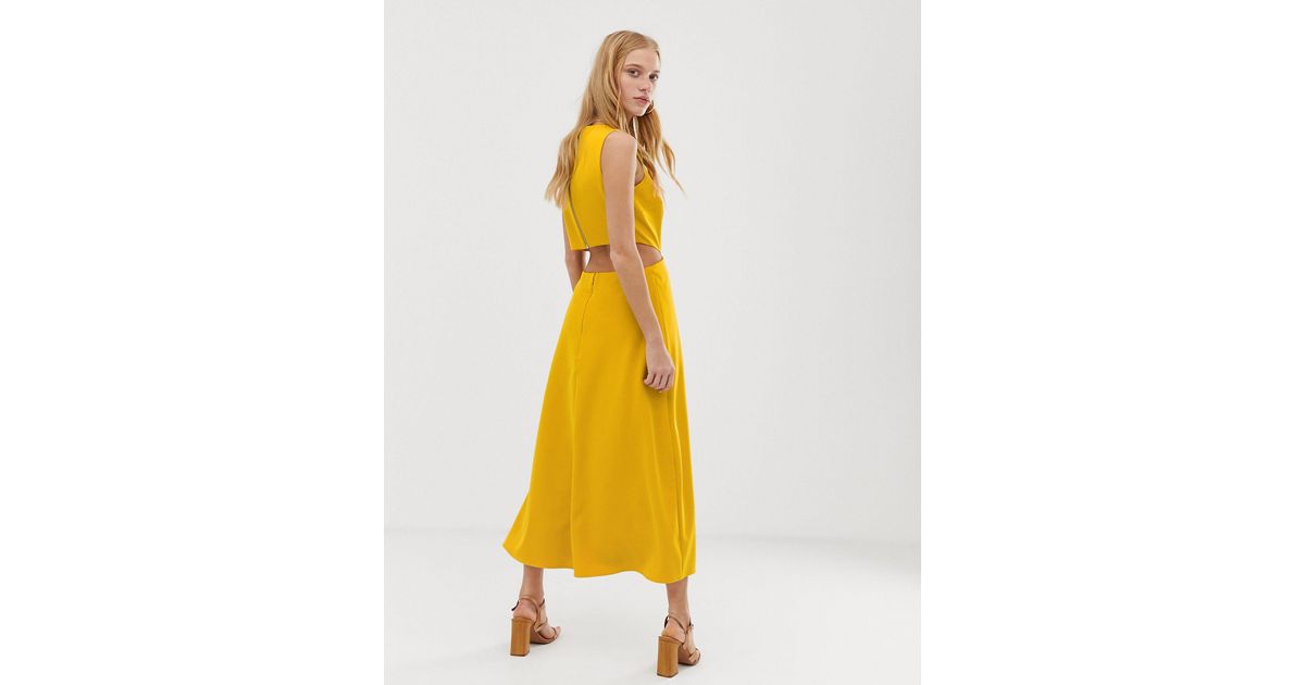 warehouse strappy midi dress in yellow jacquard