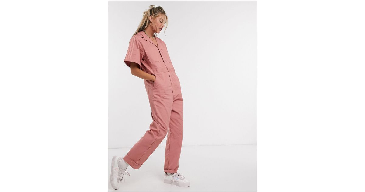 adidas Originals Striped Cotton-twill Jumpsuit in Pink | Lyst