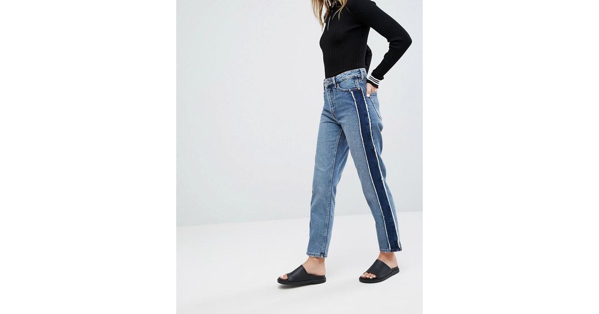 Monki Women's Blue Side Stripe Tapered High Waist Jeans