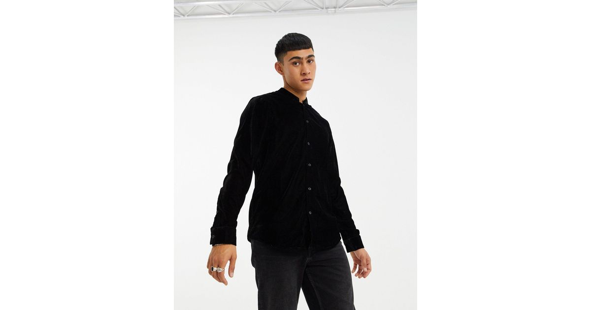Velvet Shirt With Mandarin Collar 