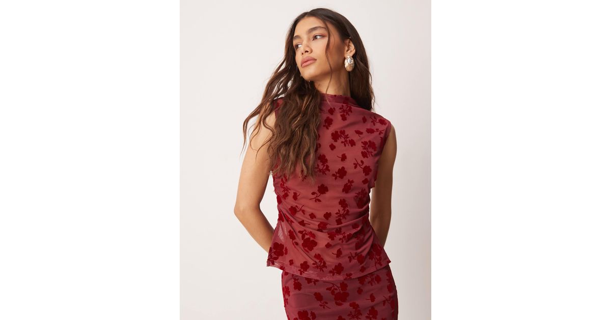 ASOS Ruched Side High Neck Flocked Mesh Top in Red | Lyst