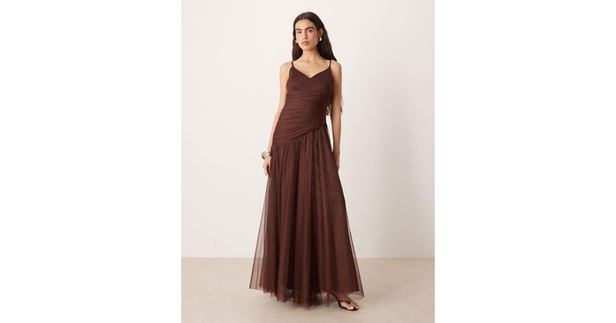 LACE & BEADS Tulle Asymmetric Drop Waist Maxi Dress in Brown