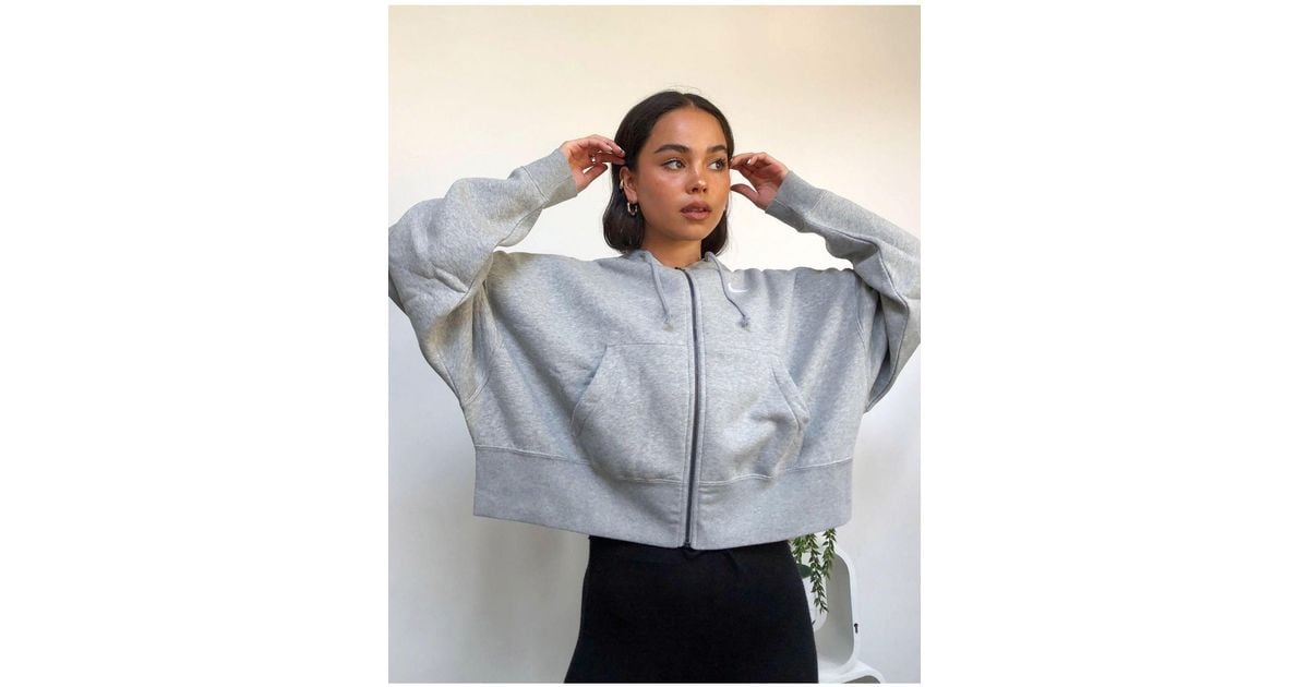 Nike Mini Swoosh Oversized Cropped Grey Zip through Hoodie in Grey