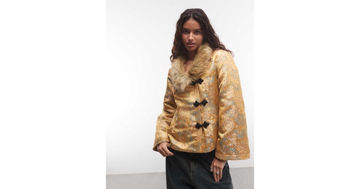 Reclaimed Vintage Iconic Trophy Jacket With Faux Fur Trim in Natural | Lyst