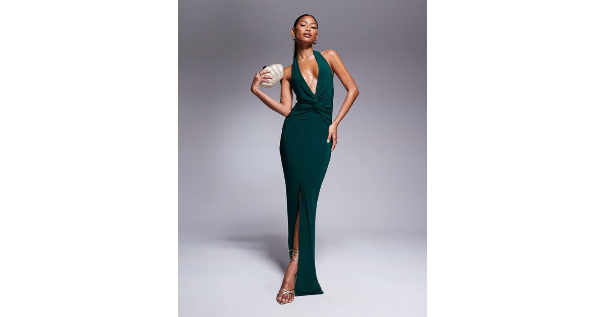 asos bottle green dress Twist Front Deep Plunge Maxi in FBSFormal22