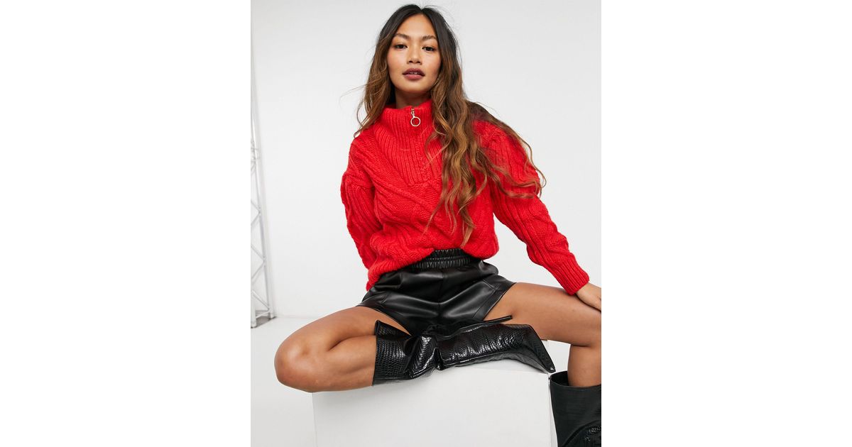Maglione lavorato a trecce con zip cortaMango in Materiale sintetico di  colore Rosso | Lyst