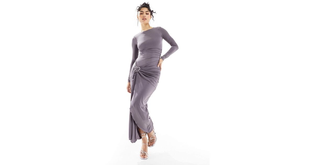 Bershka Ruched Side Heart Detail Maxi Dress in Purple | Lyst