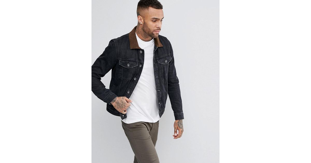 River Island Denim Jacket With Suede Collar In Washed Black for Men | Lyst