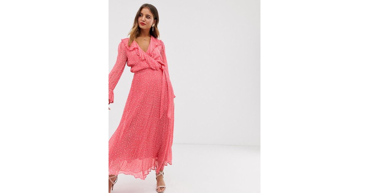 Ghost Su Star Print Georgette Wrap Maxi Dress With Ruffles in Pink