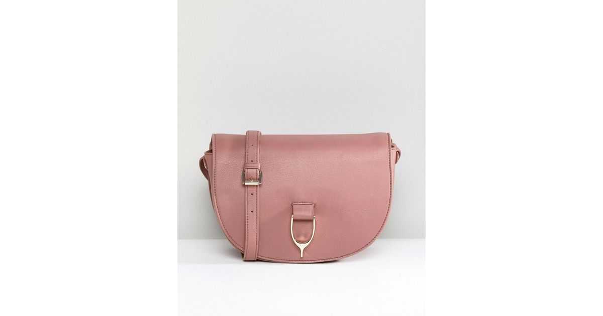 Paul Costelloe Pink Real Leather Saddle Bag With Gold Clasp Detail In Terracotta Rose