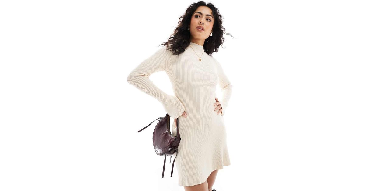 Pimkie Knitted Ribbed High Neck Skater Flare Sleeve Jumper Dress in Natural  | Lyst UK